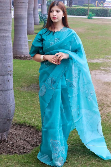 sari en soie et organza avec imprimé en turquoise