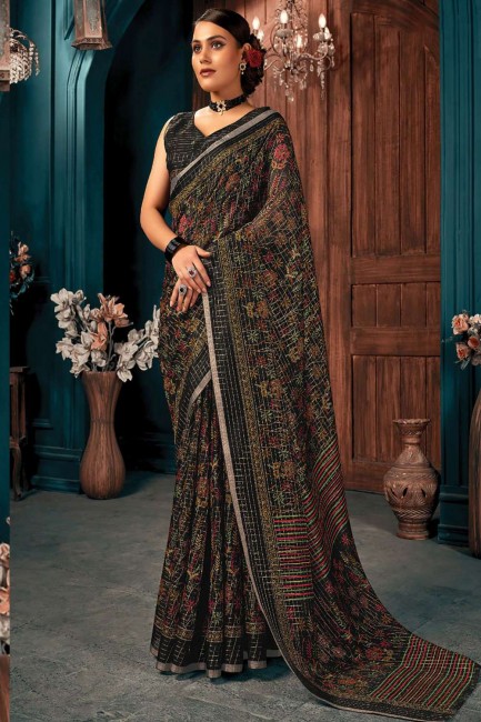 saris noir imprimé, tissage de coton