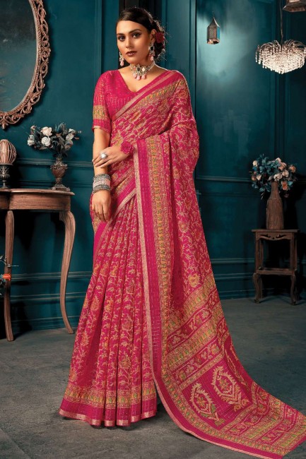 sari en coton imprimé et tissé en rose avec chemisier