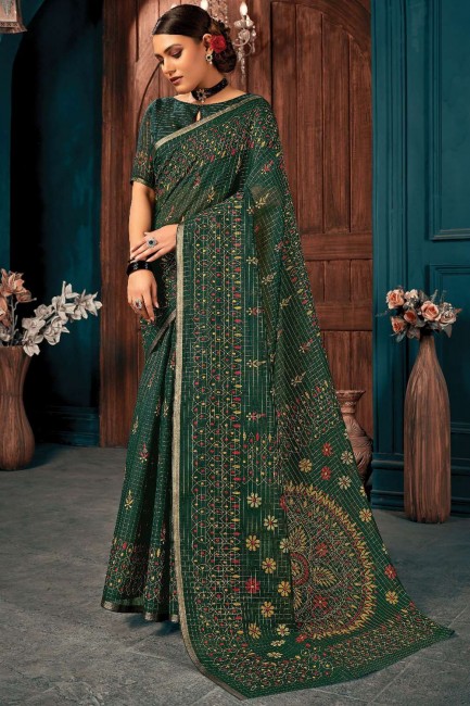 sari en coton tissé imprimé vert