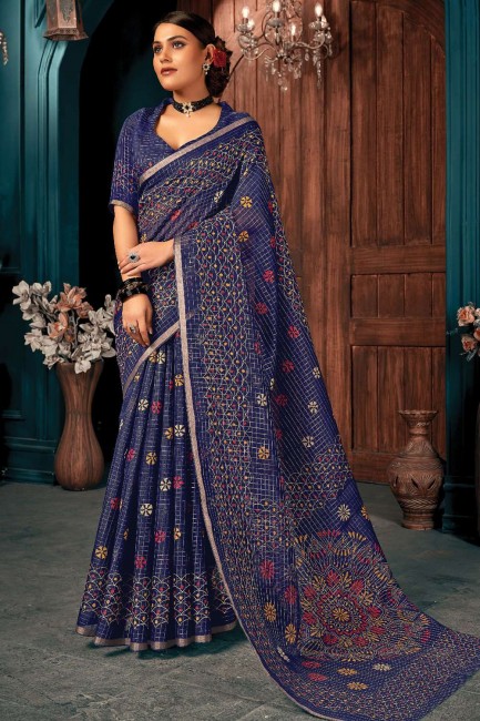 sari en coton bleu à tissage imprimé