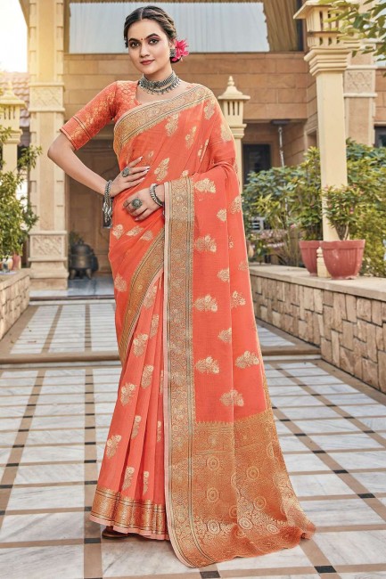 saris de coton orange avec tissage