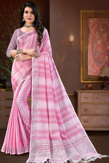 sari en lin bordé de dentelle rose