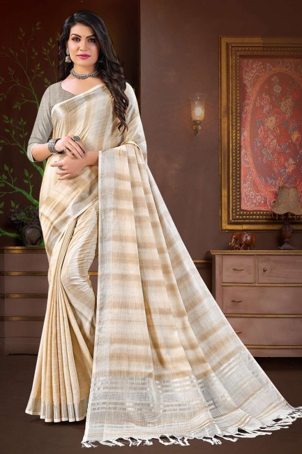 saris en lin crème avec bordure en dentelle