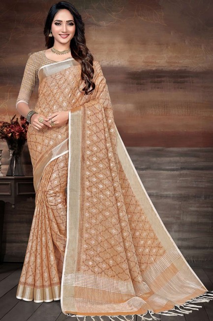 Printed,lace border Linen Saree in Mustard  with Blouse