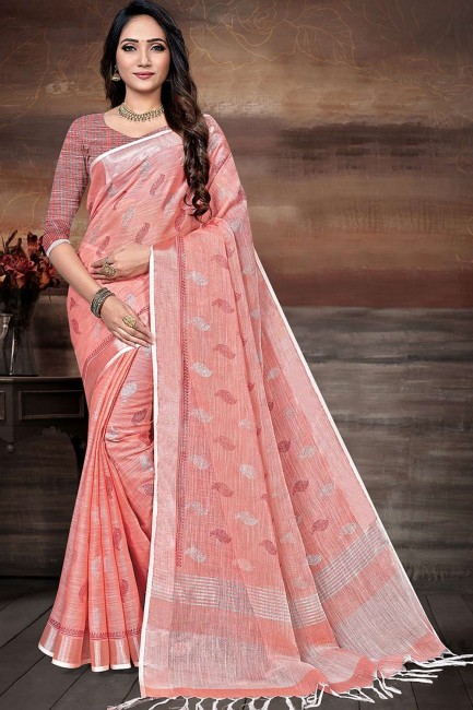 sari en lin imprimé à bordure en dentelle rose