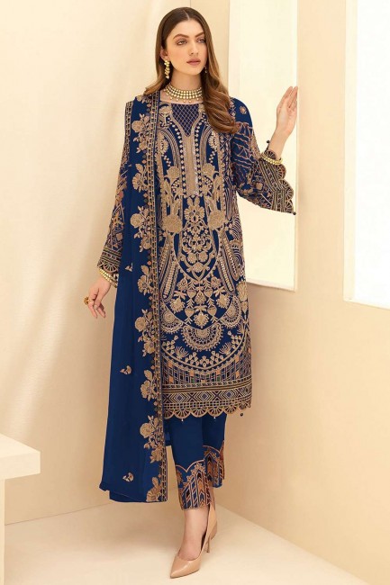 costume pakistanais bleu en fausse georgette brodée