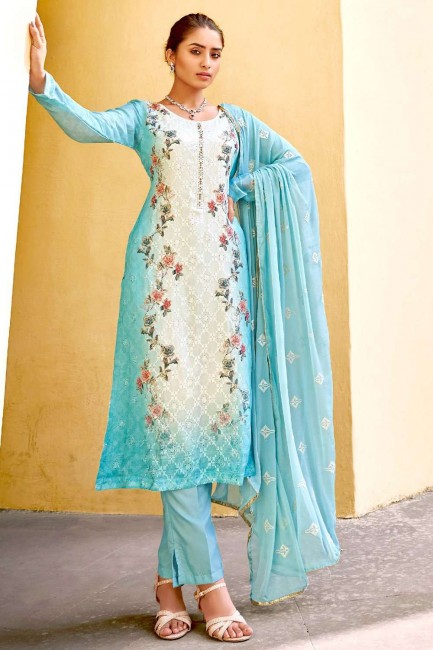 kameez eid salwar bleu avec viscose à impression numérique et mousseline chinon