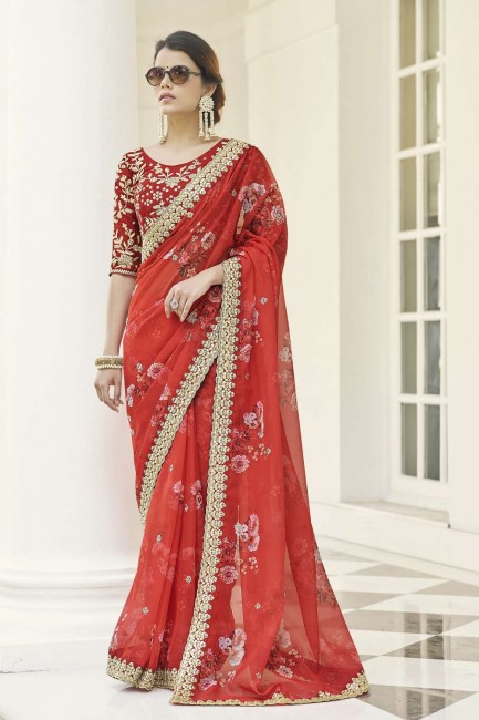 zari, sari de soie d'art brodé et imprimé en rouge