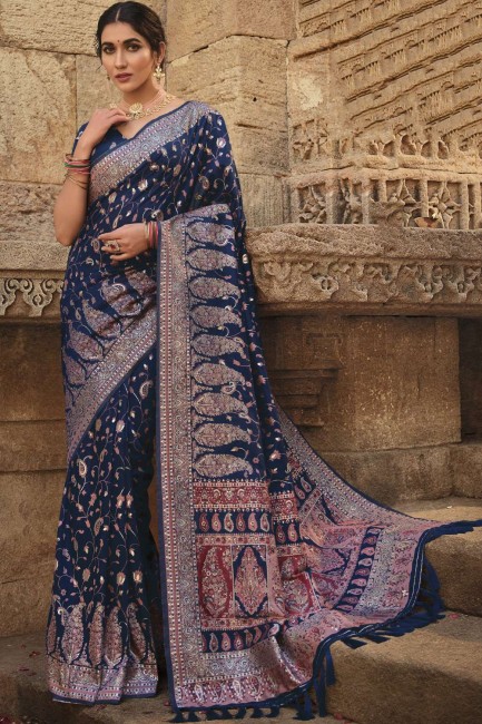 saris bleu soie imprimé