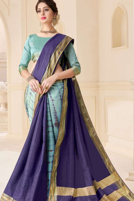 sari en soie tussar avec imprimé en bleu