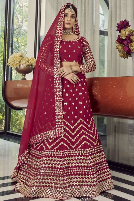 georgette coral red party lehenga choli brodé