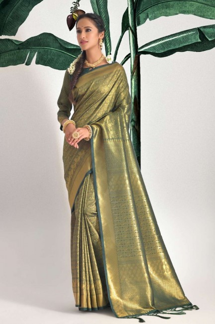 sari vert en soie avec tissage