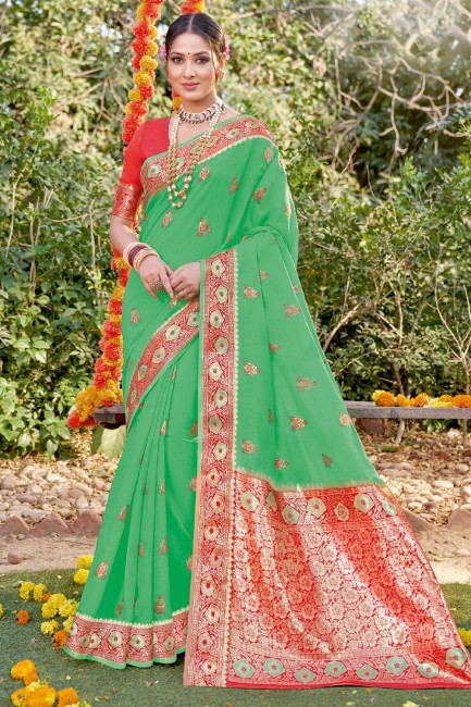 fête vert mer porter sari en coton avec tissage