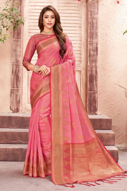 organza sari en rose avec zari, tissage