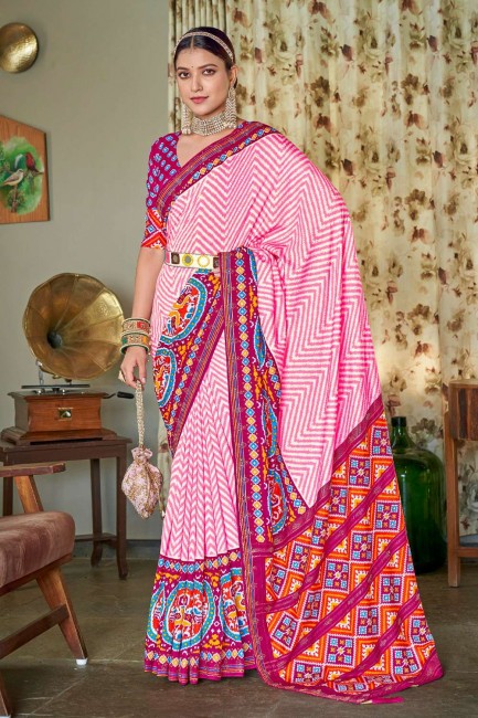 sari en soie patola rose à imprimé