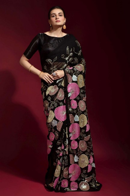georgette sari en noir avec brodé