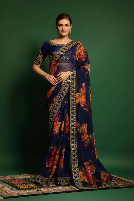 sari bleu en georgette brodé et imprimé avec chemisier