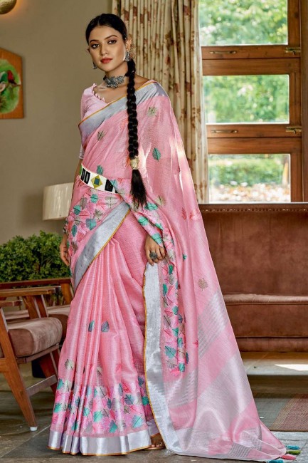 banarasi sari en lin rose avec resham, brodé, bordure en dentelle