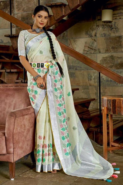 sari banarasi blanc cassé en lin avec resham,brodé,bordure en dentelle