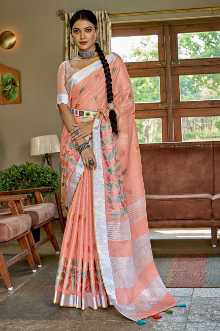 sari banarasi en lin avec resham, broderie, bordure en dentelle pêche