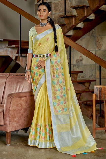 sari banarasi en lin resham, brodé et bordé de dentelle en jaune
