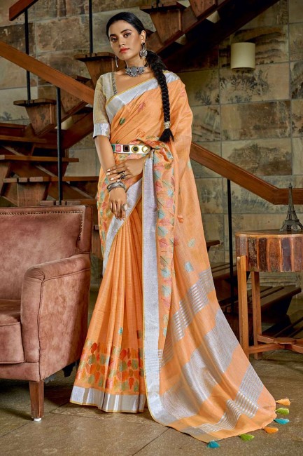 sari banarasi orange en lin avec resham, broderie, bordure en dentelle