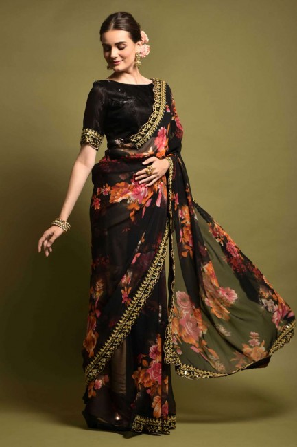 sari noir avec georgette brodée et imprimée