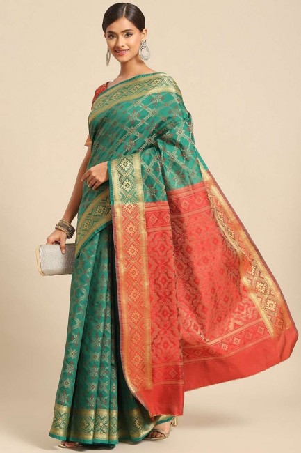 zari, imprimé, tissage sari de soie en vert avec chemisier