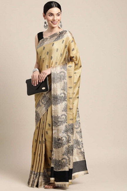 saris imprimé beige en coton