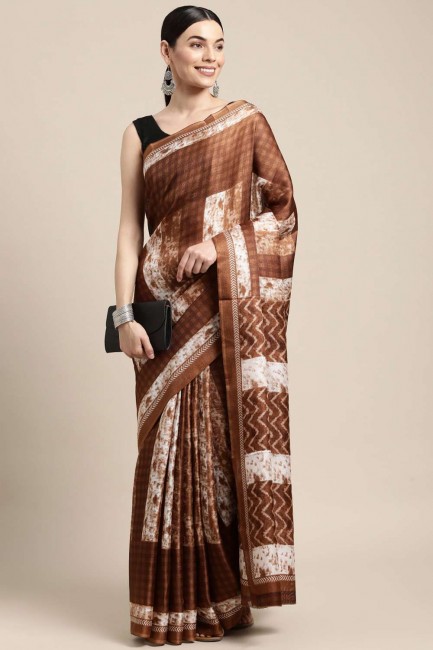 sari marron imprimé en coton avec chemisier
