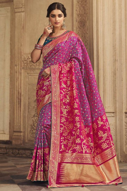 saris rose en soie brodée