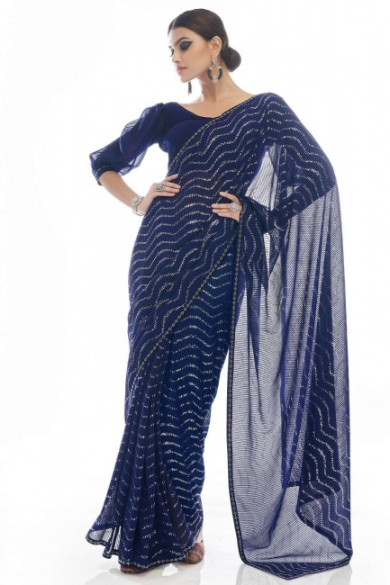 fil, georgette brodée robe de fête saris en bleu marine