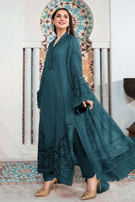 faux georgette brodé islamique salwar kameez en bleu sarcelle avec dupatta