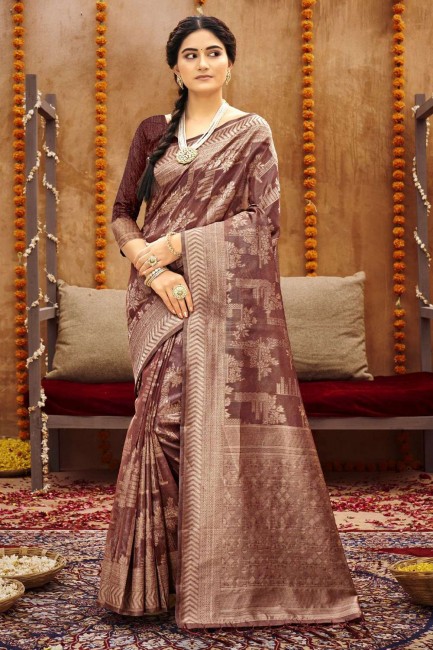 sari en coton marron avec tissage