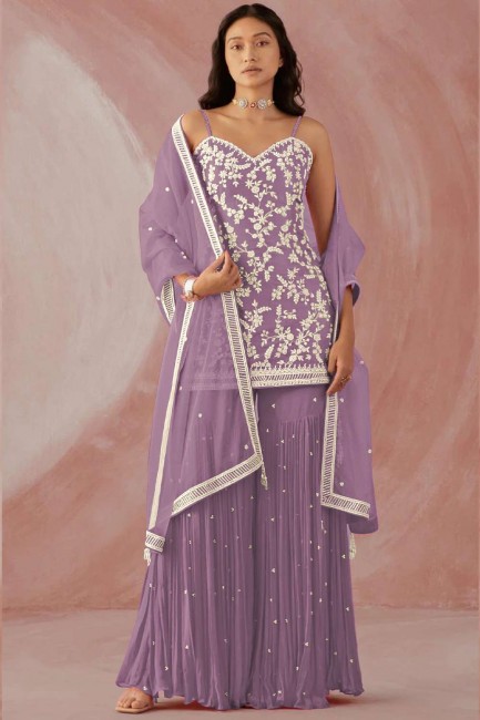 costume sharara violet brodé en fausse georgette avec dupatta