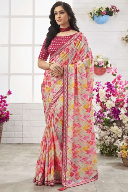 miroir en mousseline de chinon, brodé, saris rose imprimé avec chemisier
