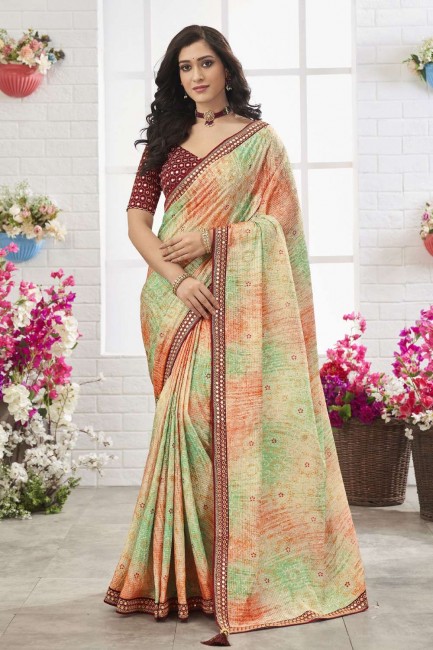 sari en mousseline de soie chinon miroir, brodé et imprimé en multicolore