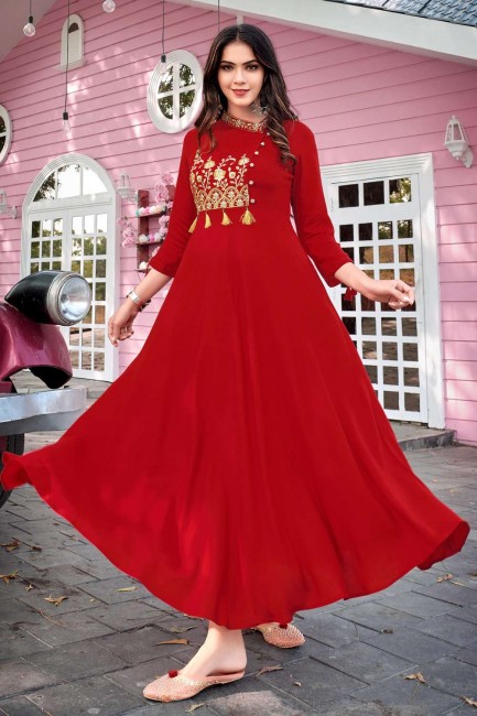 robe de chambre brodée en rayonne rouge