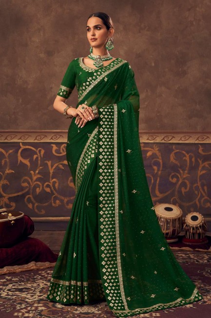 green zari,stone,embroidered sari in chinon