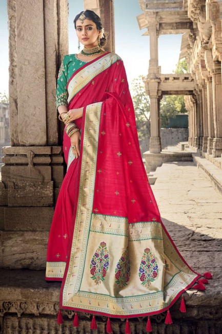 bordure en dentelle banarasi soie banarasi sari en rouge avec chemisier