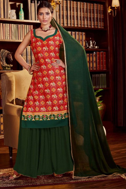 costume imprimé diwali sharara en coton rouge