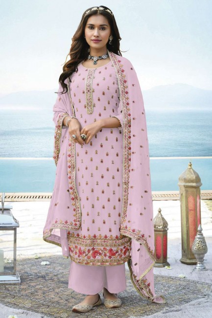 costume palazzo pakistanais rose avec fausse georgette brodée