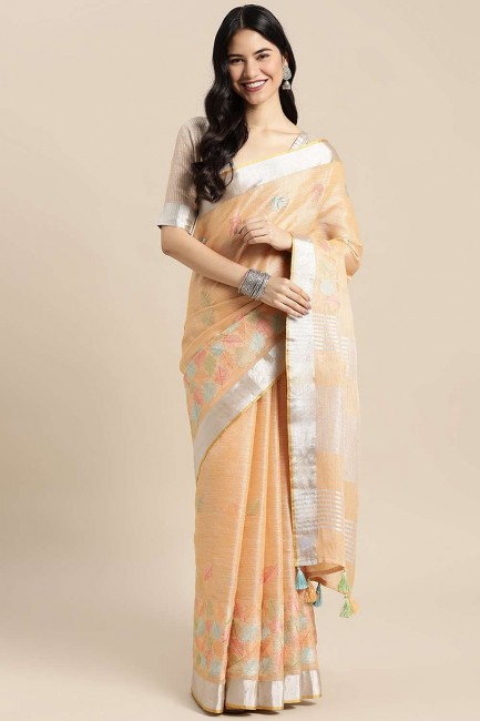sari en lin en organza avec resham, broderie, bordure en dentelle