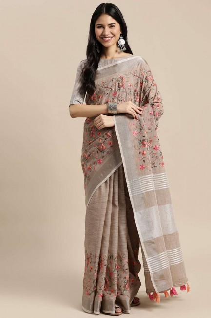 saris brun avec resham, brodé, bordure de dentelle en lin