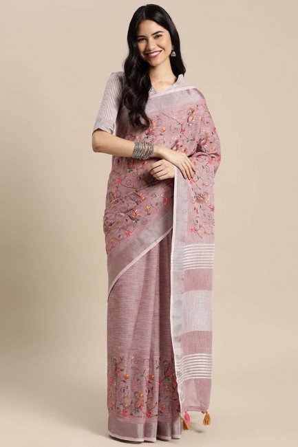 sari violet en lin avec resham, brodé, bordure en dentelle