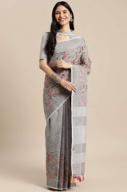 sari gris lin en resham, brodé, bordure en dentelle