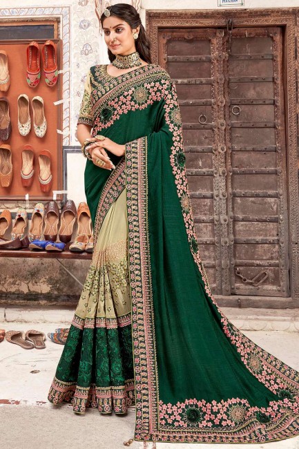 fil, soie d'art brodé Karva Chauth sari en vert