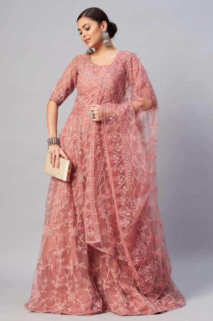 robe rose diwali  filet brodée avec dupatta