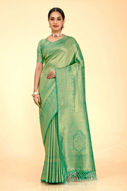 karva chauth saris vert mer avec soie tissée
